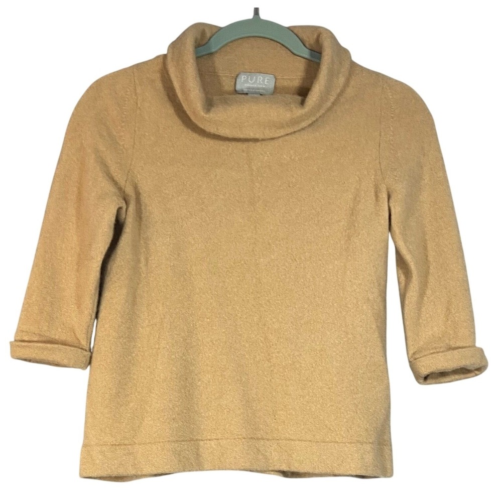 PURE COLLECTION 100% CASHMERE COWL NECK 3/4 SLEEVE SWEATER TOP WOMEN SIZE 4 TAN